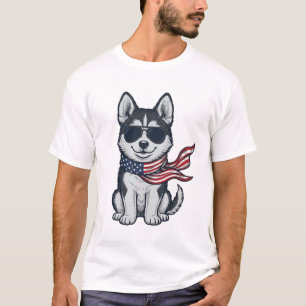 Camiseta Design Vetorial de Cachorro Husky Patriótico Vinta