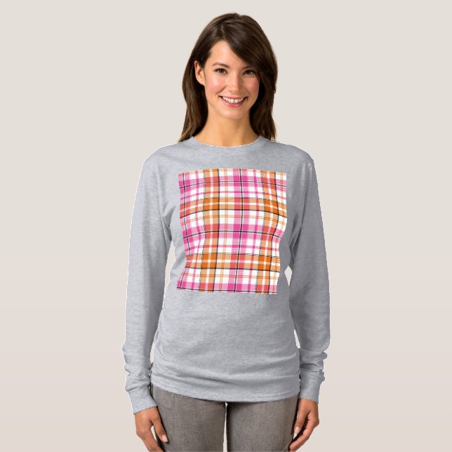 Camiseta Design Xadrez Escocês Laranja Rosa Branco  (Frente Completa)