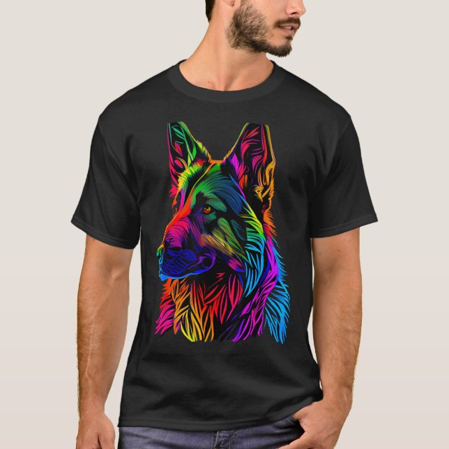 Camiseta Designer de Pastor Alemão Arco-íris (Frente)