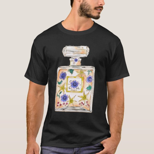Camiseta Designer Perfume Bottle Ilustração de Arte Floral (Frente)