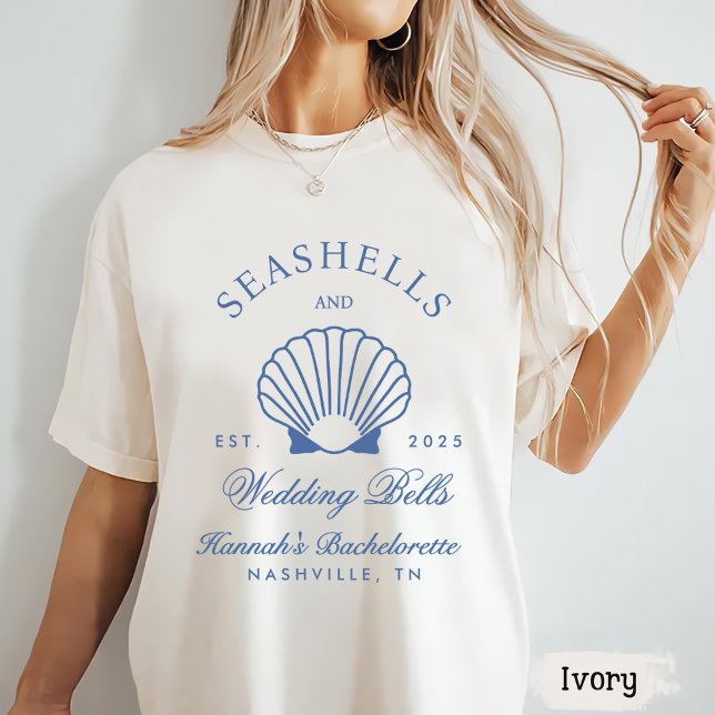 Camiseta Despedida de Solteira Retro Azul Conchas Marinhas  (Criador carregado)