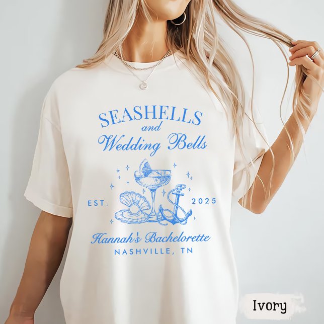 Camiseta Despedida de solteira Retro Blue Seashells & Weddi (Criador carregado)