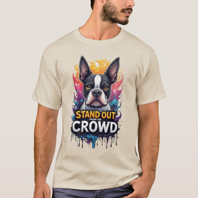Camiseta Destacar-se da Multidão: Boston Terrier Colorido (Frente)