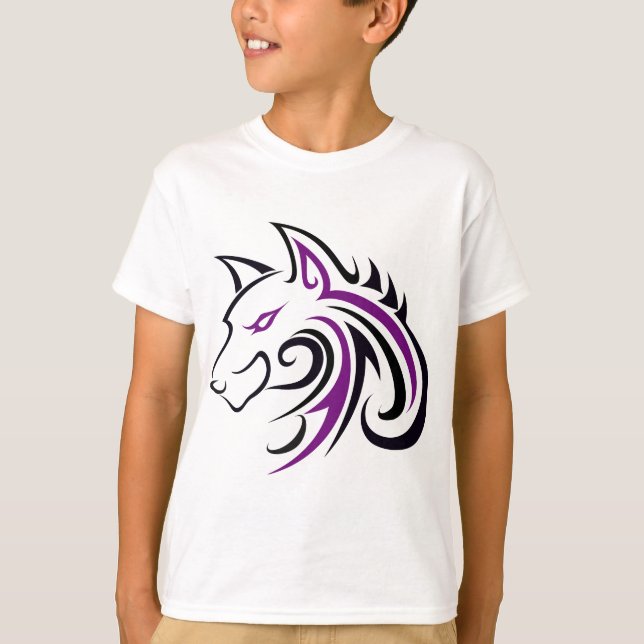 Camiseta Destaque da Cabeça do Lobo Roxo e Negro (Frente)