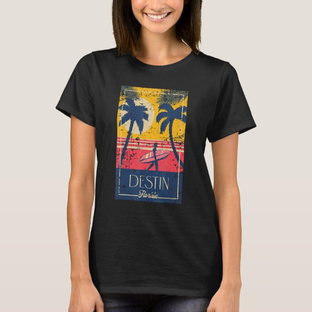 Camiseta Destin Florida Retro Surfer Beach Sunset Distresse (Frente)