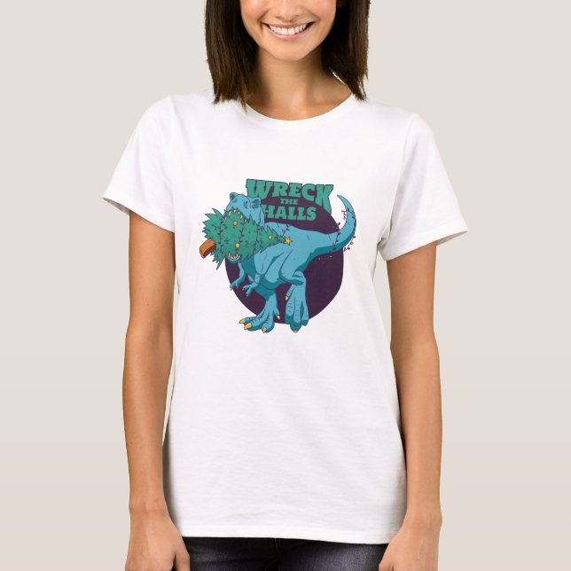 Camiseta Destrua o Natal dos Halls T-rex (Frente)