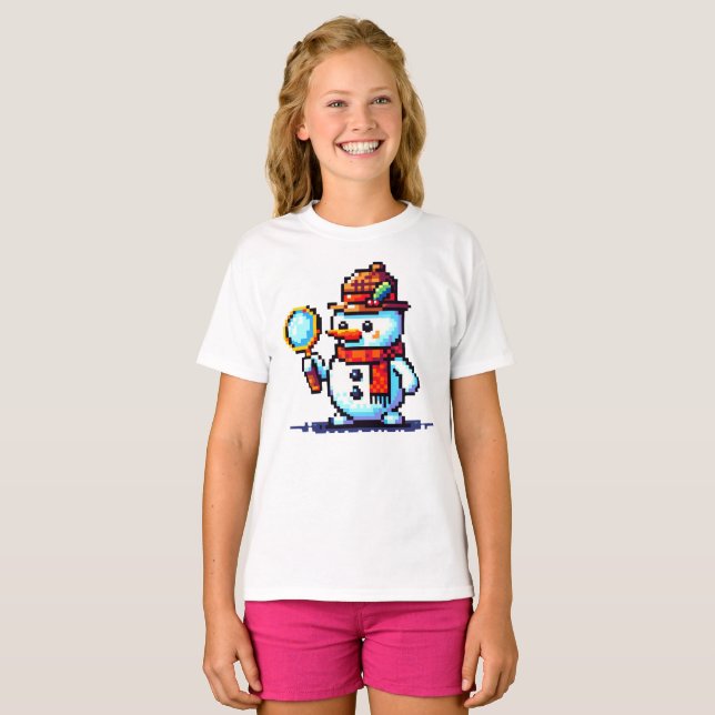 Camiseta Detetive Snowman - Mistério Engraçado de Pixel Art (Frente Completa)