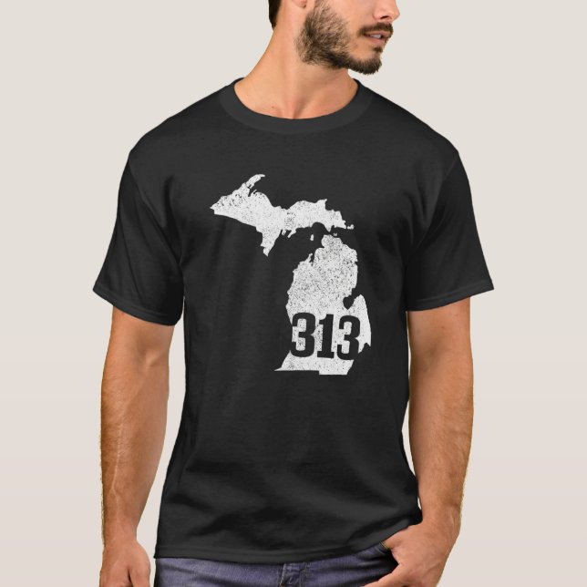 Camiseta Detroit 313 Area Code Michigan - Mapa do Orgulho E (Frente)