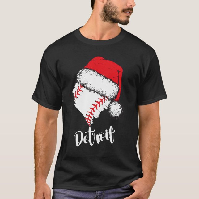 Camiseta Detroit Baseball Heart Santa Hat Merry Xmas (Frente)
