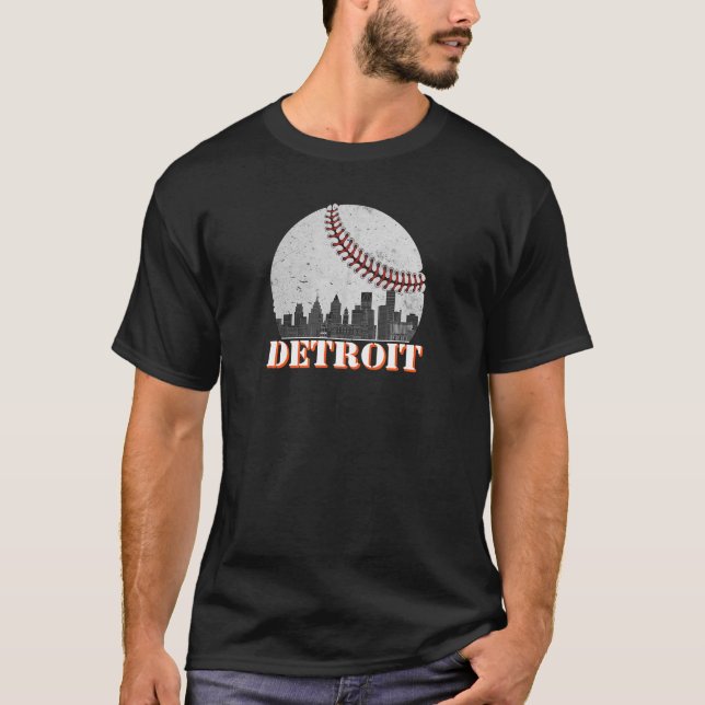 Camiseta Detroit Cityscape Detroit Baseball Skyline Retro V (Frente)