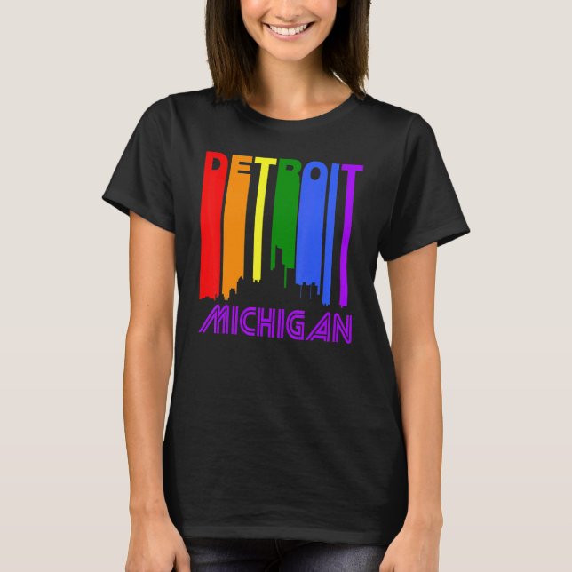 Camiseta Detroit Michigan Lgbtq Orgulho gay Rainbow Skyline (Frente)