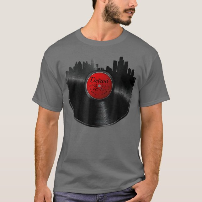 Camiseta Detroit Vinyl DJ Techno Music Skyline Gift (Frente)