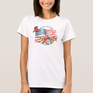 Camiseta Deus Abençoe a América Aquarela Bandeira/Flores/Pá