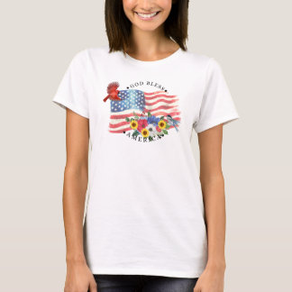 Camiseta Deus Abençoe a América Aquarela Bandeira/Flores/Pá