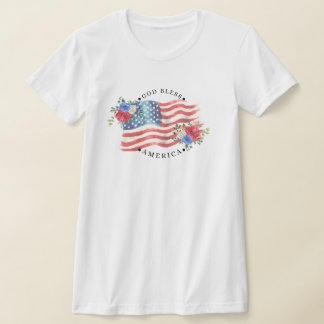 Camiseta Deus Abençoe a América com Bandeira aquarela/Flore