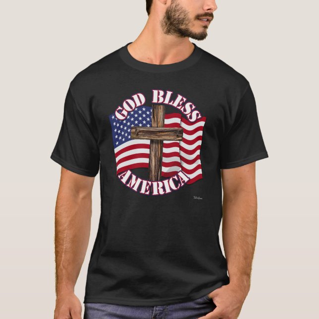 Camiseta Deus abençoe American com EUA Flag & Cross (Frente)