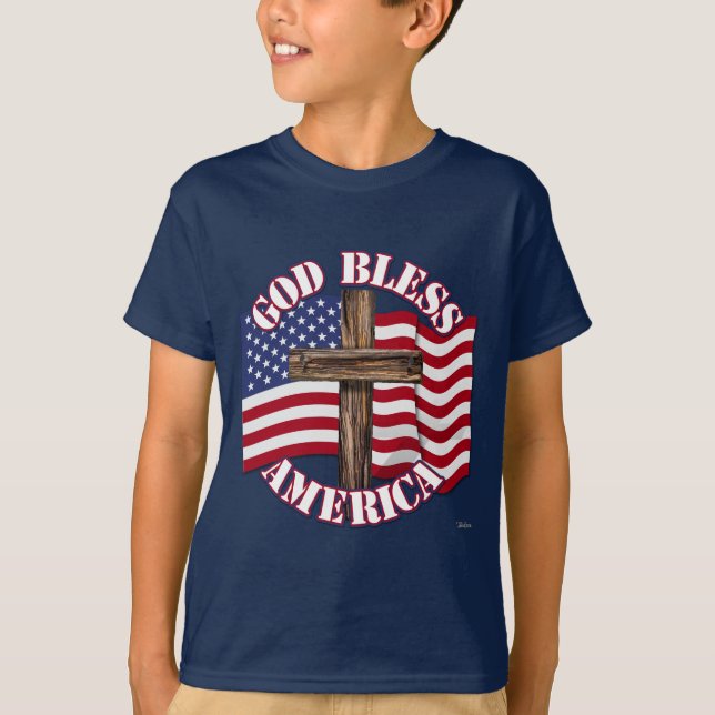Camiseta Deus abençoe American com EUA Flag & Cross (Frente)
