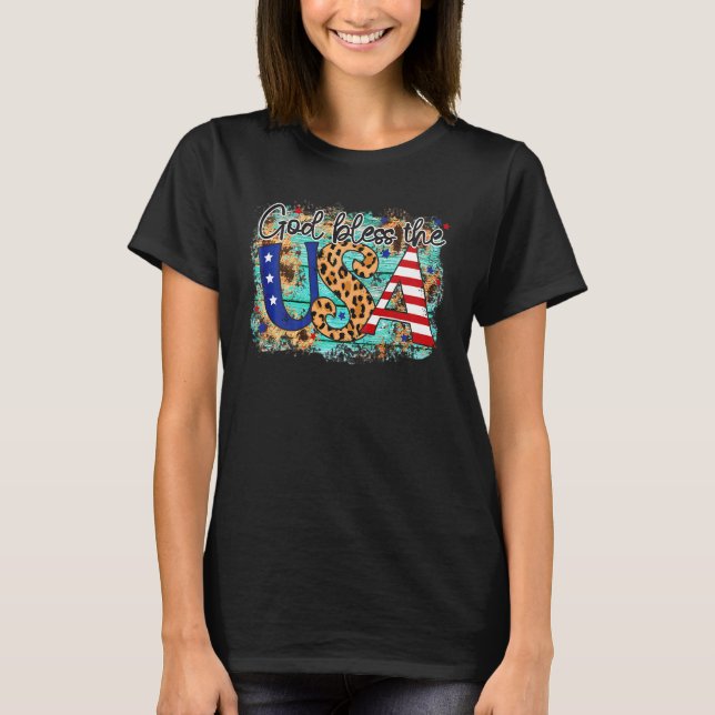 Camiseta Deus abençoe Das Estrelas Dos Eua E Leopardo (Frente)