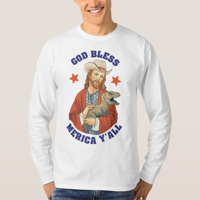 Camiseta Deus abençoe Merica Y Jesus Dinossaur Cowboy Hat (Frente)