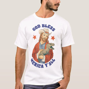 Camiseta Deus abençoe Merica Y Jesus Dinossaur Cowboy Hat
