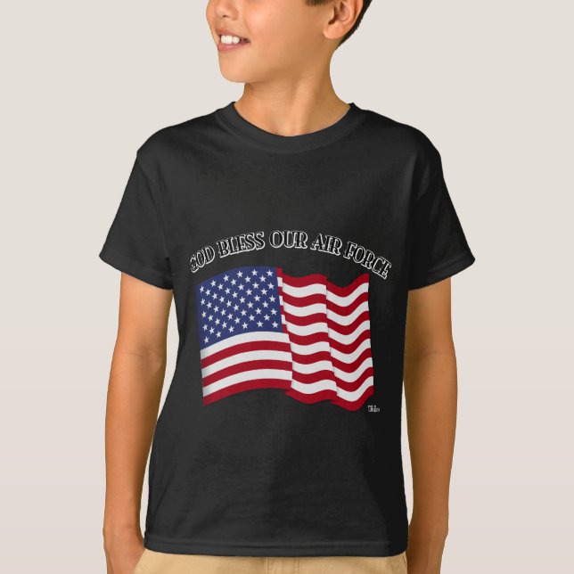 Camiseta DEUS ABENÇOE NOSSA FORÇA AÉREA com bandeira dos EU (Frente)