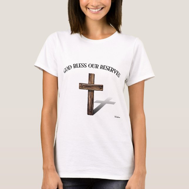 Camiseta DEUS ABENÇOE NOSSAS RESERVAS com cruz robusta (Frente)