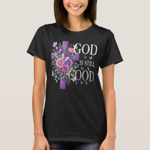 Camiseta Deus Ainda é Bom Cruz Floral Roxa Cristã