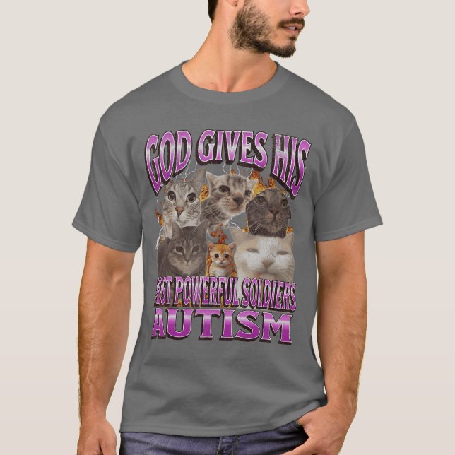 Camiseta Deus Dá Seu Mais Poderoso Autismo Funny Cat Meme  (Frente)