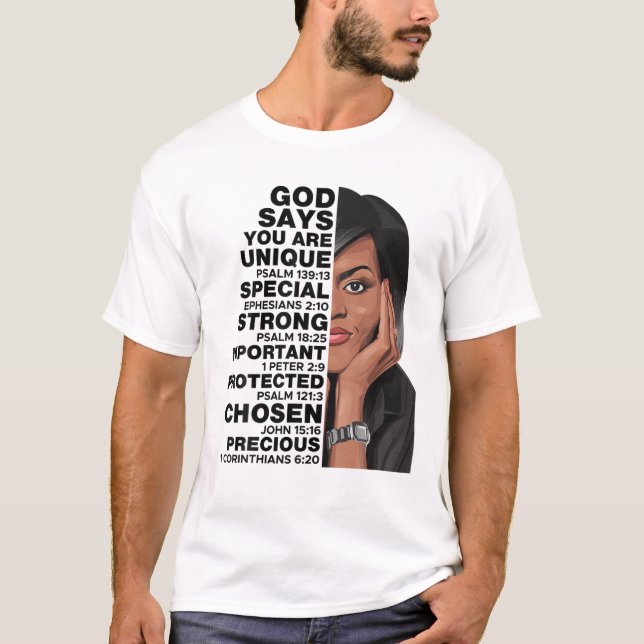 Camiseta Deus Diz Michelle Obama História Mulheres Mês Amor (Frente)