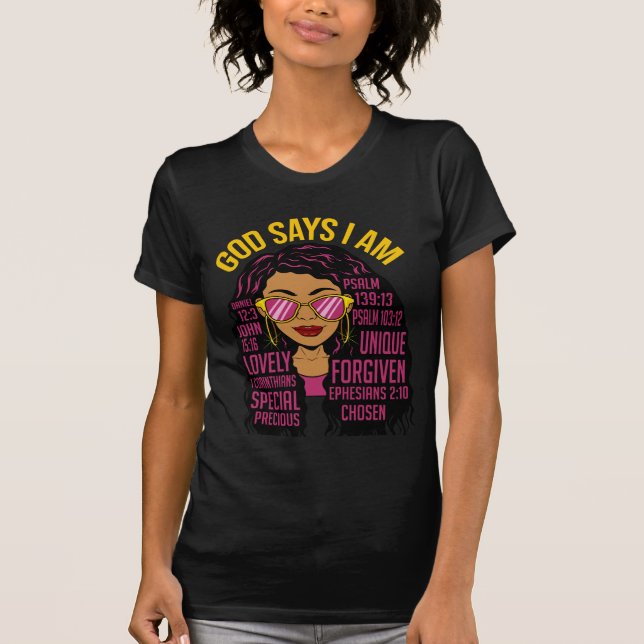Camiseta Deus diz que eu sou cristã negra Melanin Sista (Frente)