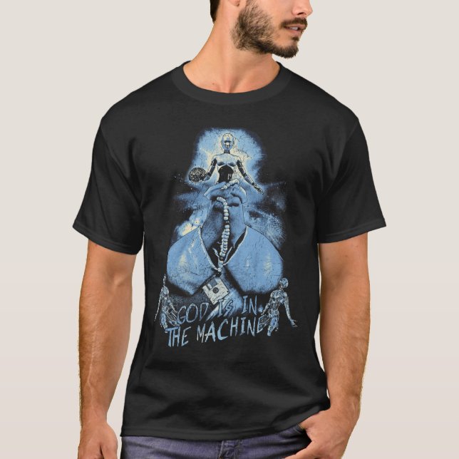 Camiseta Deus está na máquina - Design Techno-Dystopian (Frente)