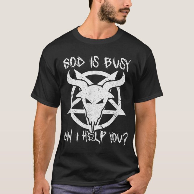 Camiseta Deus Está Ocupado Posso Ajudá-Lo A Satã Engraçada  (Frente)
