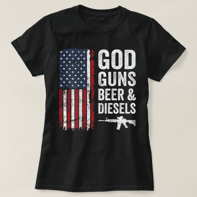 Camiseta Deus Guns Beer And Diesels - Mens USA Truck Mechan (Frente do Design)