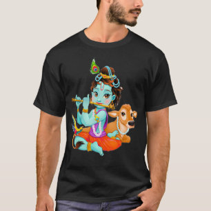 Camiseta Deus hindu Shri Krishna com uma vaca e um pássaro