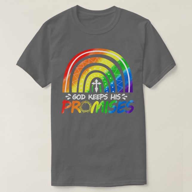 Camiseta Deus Mantém Sua Promessa Bíblia Cristã Rainbow Noa (Frente do Design)