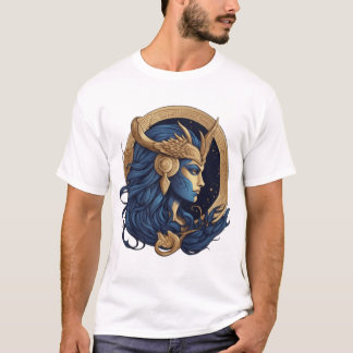 Camiseta Deusa do Mar - Design Elegante Azul e Dourado