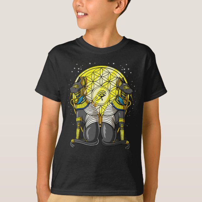 Camiseta Deusa Gato Egípcia Bastet Ankh Sagrada Geometria (Frente)