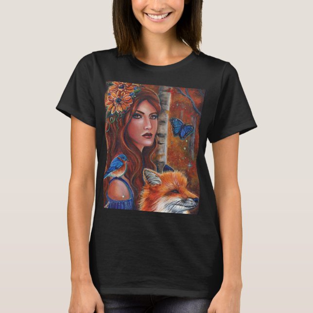 Camiseta Deusa Rhiannon com Bird por Renee Lavoie (Frente)