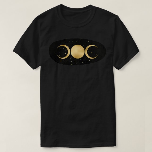 Camiseta Deusa Tripla em Estrelas Dourada em Preto (Frente do Design)