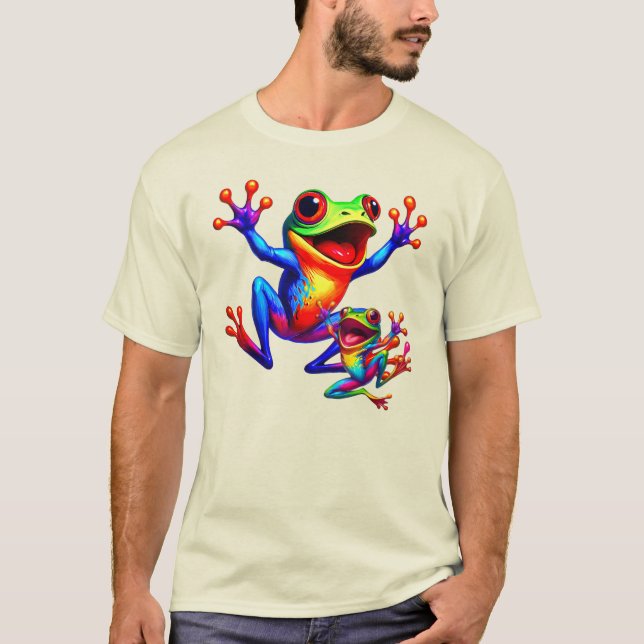 Camiseta Deux grenouilles colorées qui sautent de joie. (Frente)