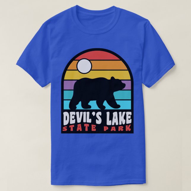 Camiseta Devils Lake State Park Wisconsin Retro Sunset Bear (Frente do Design)