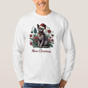 Camiseta Devon Rex Cat de Natal: Papai Noel e Flores