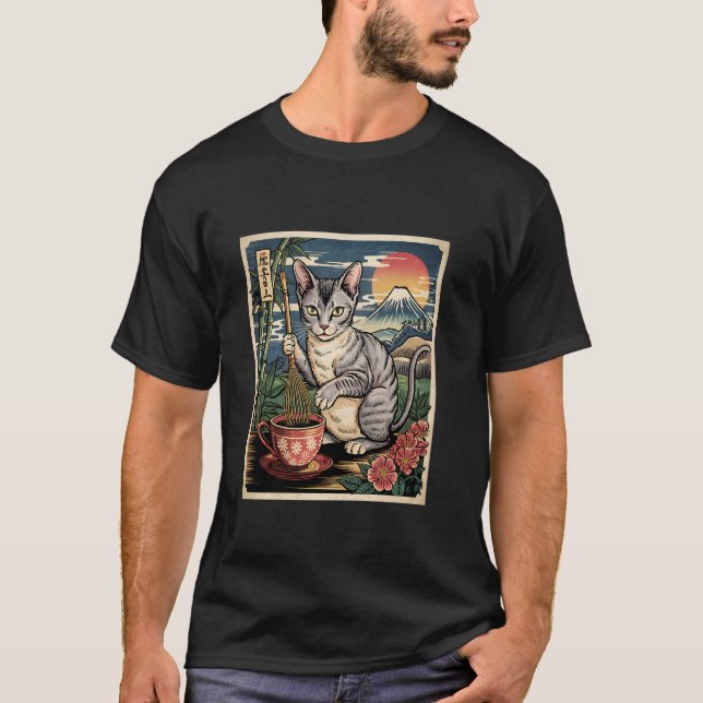 Camiseta Devon Rex Cat Making Tea Mt Fuji Japanese Ukiyo Wo (Frente)