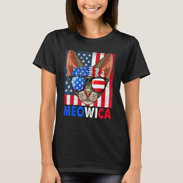 Camiseta Devon Rex Cat Meowica 4 De Julho Com Óculos (Frente)