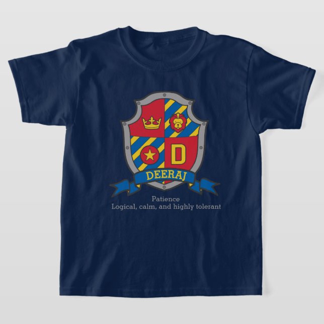 Camiseta Dheeraj meninos nome e significado cavaleiros escu (Postura )
