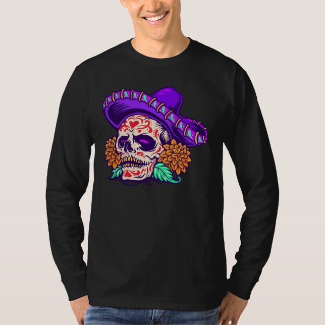 Camiseta Dia Adorável do Crânio Morto com Chapéu Roxo (Frente)