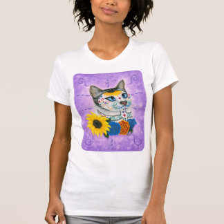 Camiseta Dia da arte inoperante do gato do crânio do açúcar