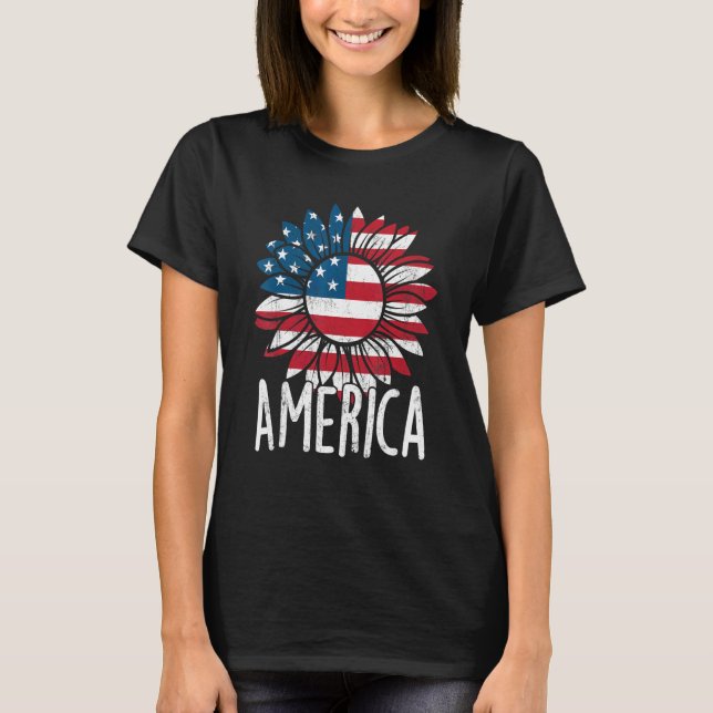 Camiseta Dia da Independência do Girassol Bandeira American (Frente)