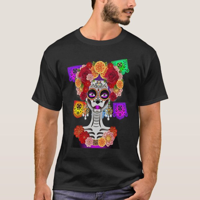 Camiseta Dia da Morta Fumaça La Catrina Skull Flowers (Frente)