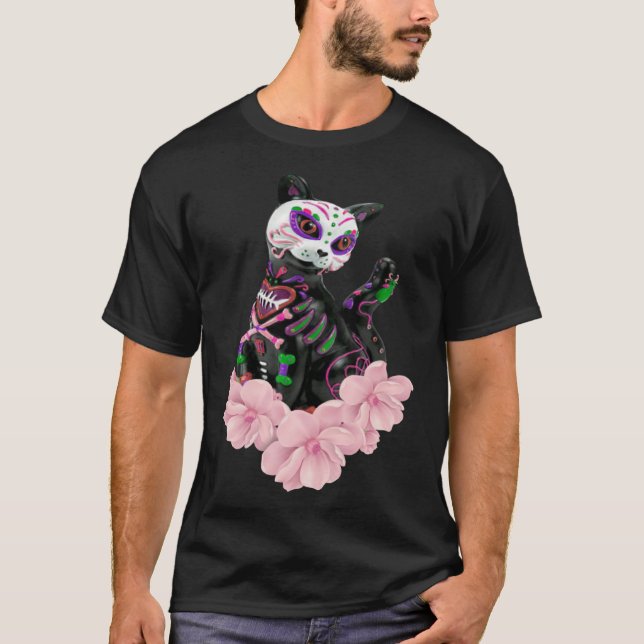 Camiseta Dia Da Morte De Açúcar Crânio De Gato Flores Rosa  (Frente)